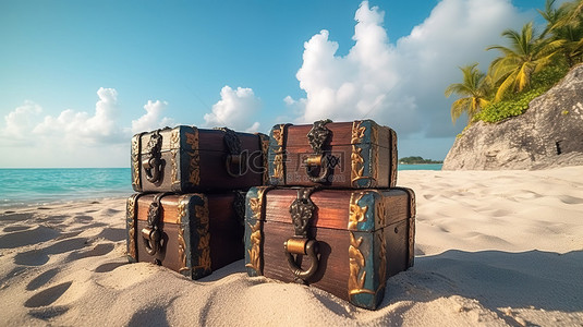 山里宝藏图背景图片_海盗宝藏木箱和盒子放置在荒岛海滩 3d 渲染上