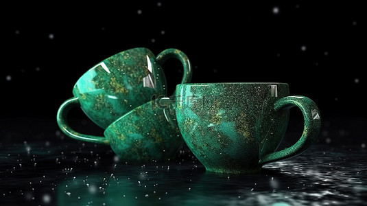 金属茶杯背景图片_金属绿色过滤器和带薄片的浓缩咖啡杯在黑色背景上特写 3D 渲染