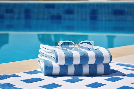泳池背景图片_夏天游泳池里的蓝色和白色毛巾