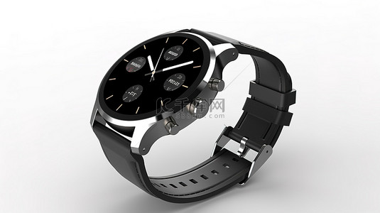 白色背景上带 3D 渲染表带的时尚黑色智能手表