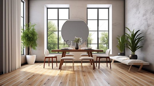 镜面地板背景图片_现代用餐空间，配有镜面窗户散热器和 3D 渲染木地板