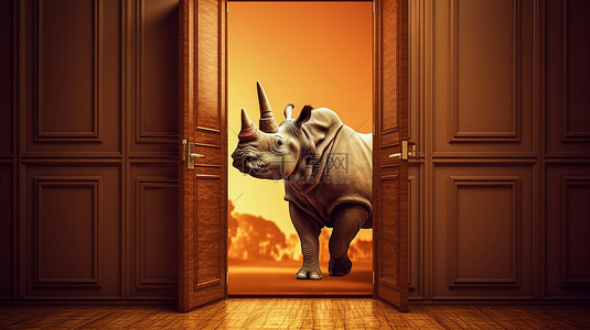 犀牛进入敞开的门口的 3D 渲染