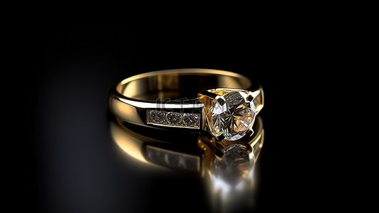 黑色钻戒背景背景图片_3D 渲染的金钻石戒指单独站立在黑色背景上，带有文本空间
