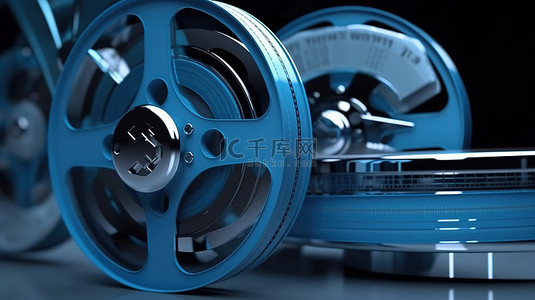 3D 渲染中的蓝色电影摄影机和幻灯片，带有文本或消息的空间