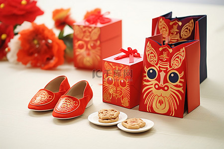 一捆东西背景图片_白桌上的中国蛋奶馅饼盒和其他一些红色好吃的东西