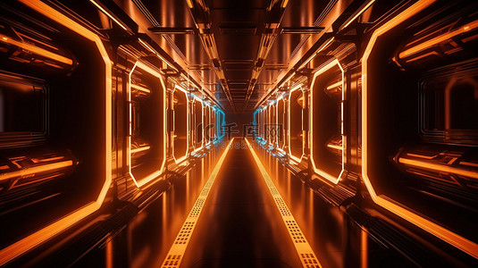 科技橙色背景图片_带有霓虹灯 3D 渲染的未来派橙色金色宇宙飞船走廊的科幻插图