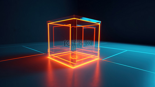 霓虹灯点亮的橙色立方体在蓝色背景下的 3D 插图中是一个简单而引人注目的几何形式