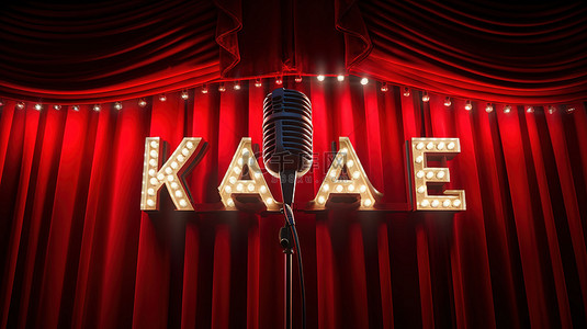 灯泡刻字中的卡拉 OK 字照亮了红色剧院窗帘 3D 渲染