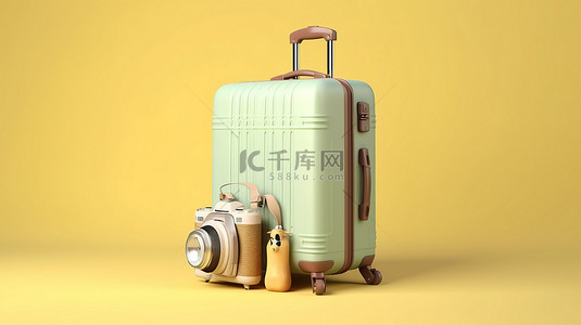 旅行必需品装在手提箱中，在柔和的黄色背景下令人惊叹的 3D 视觉效果