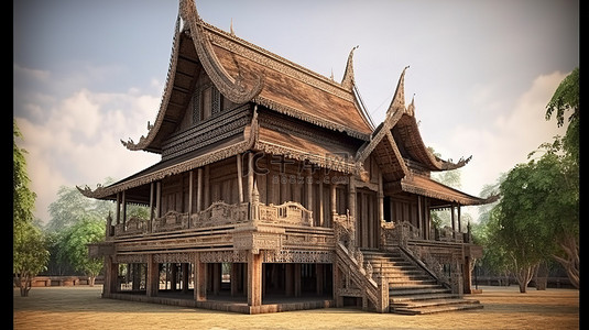寺庙地面背景图片_以 3d 呈现的古老泰国房子