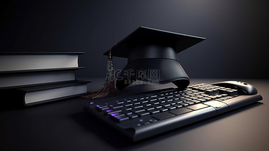 有一堆书和 3d 毕业帽的电脑键盘