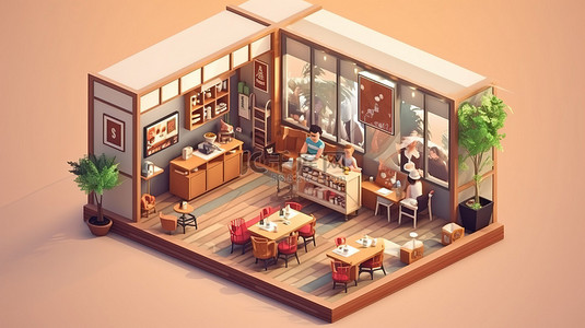 咖啡店内部概念的 3D 等距插图