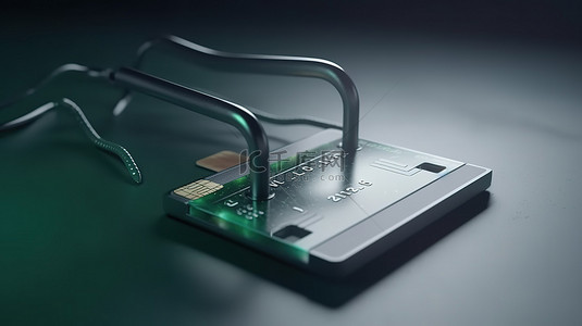 加油站 3D 渲染中的真实信用卡和燃油软管概念