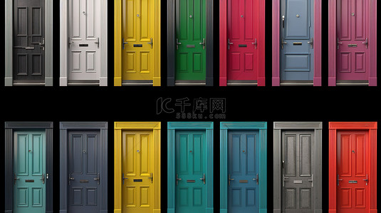 各种风格的彩色门的多种选择 3D 渲染