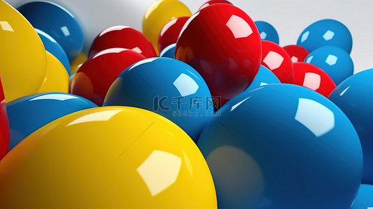 充满活力的 3D 气球反对抽象蓝色红色和黄色球体背景