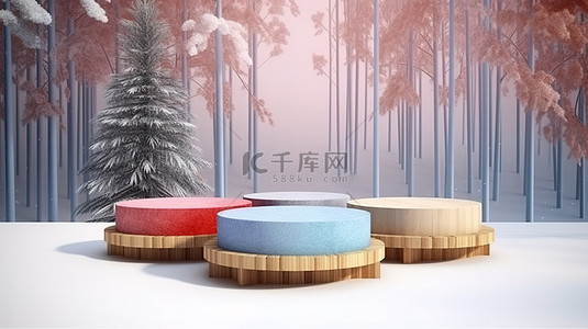 木制牌牌背景图片_冬季仙境 3d 渲染木制讲台在雪地地板上的彩色背景下
