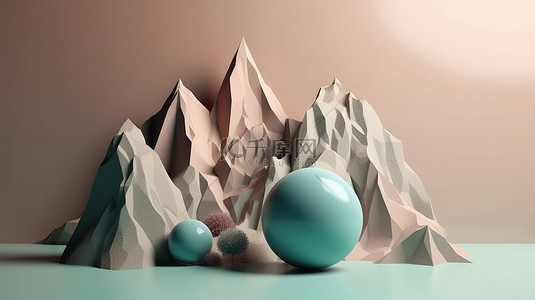 简约的工作室背景，以山和 3D 渲染的元素为特色