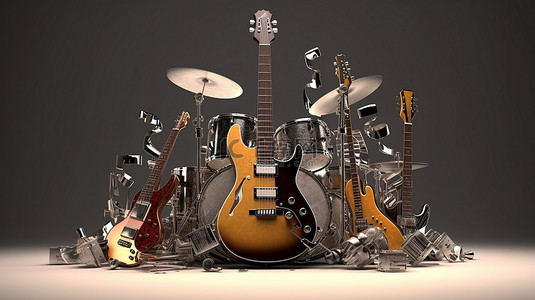 摇滚乐器背景图片_带有文本的乐器的摇摆 3D 渲染
