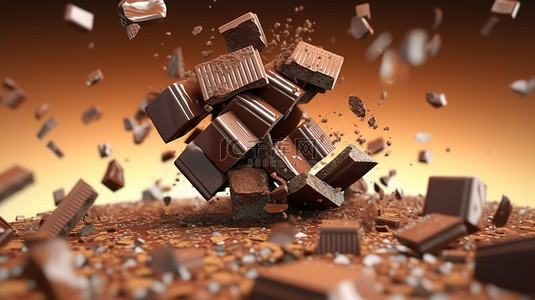人们吃食物背景图片_将巧克力块层叠到巧克力塔上的 3D 插图