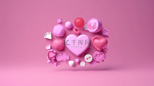 充满活力的粉红色背景，带有 3D 渲染的气泡和心脏最小图标，用于实时流媒体和视频播放