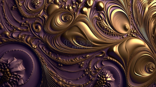 紫色漩涡背景图片_令人惊叹的 3D 渲染中的金色和紫色漩涡