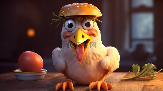 有趣的 3d 母鸡抓着美味的汉堡
