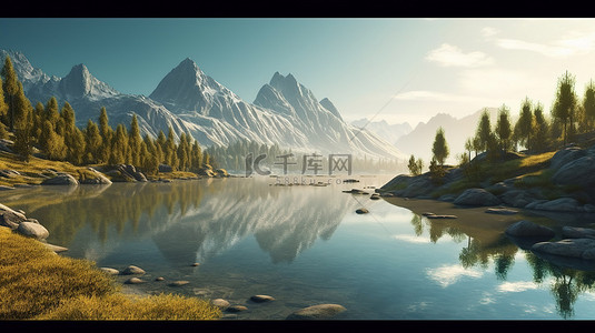 3D 渲染的山景，以宁静的湖泊为背景