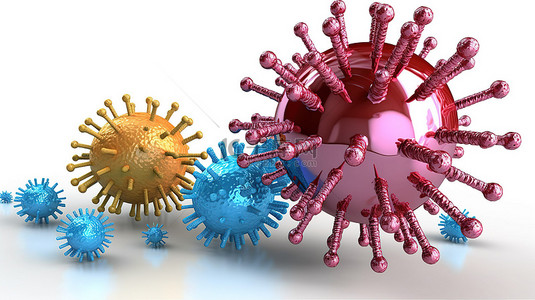 新冠病毒预防背景图片_白色背景下的病毒和图表的 3D 渲染图像