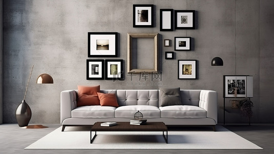 豪华沙发背景图片_现代混凝土客厅配有豪华沙发和别致的家具，墙上展示着相框 3D 渲染