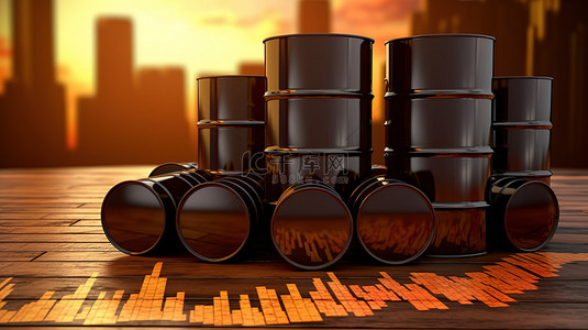 投资市场的增长图与一排石油桶