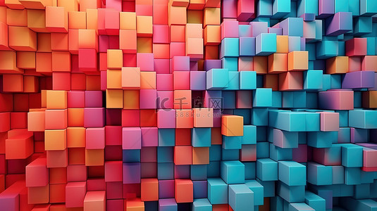 具有立方体背景的彩色几何墙的水平 3D 渲染