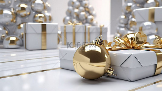 活动贺卡背景图片_闪闪发光的白色和金色礼物盒，饰有金色和白色圣诞饰品 3D 渲染插图