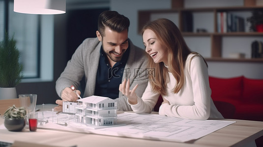 规划未来背景图片_设计师向快乐的年轻夫妇展示未来房屋的 3D 模型和草图