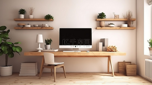 木桌的 3D 渲染，具有简约的家庭办公空间和空白电脑屏幕模型