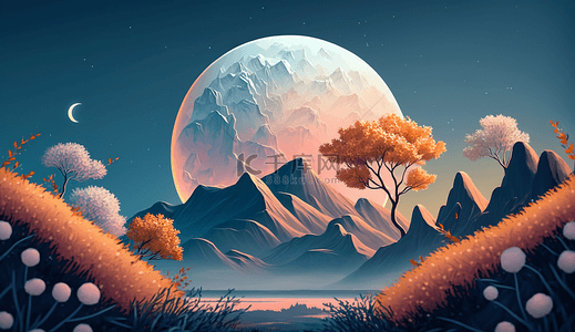山脉月球自然风景卡通背景装饰图案