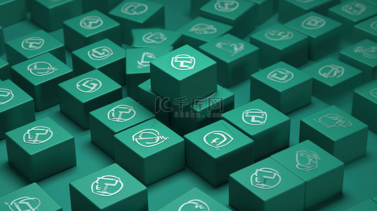 绿色徽章背景图片_whatsapp 标志出现在一组方形徽章上，在充满活力的绿色背景下进行 3D 渲染