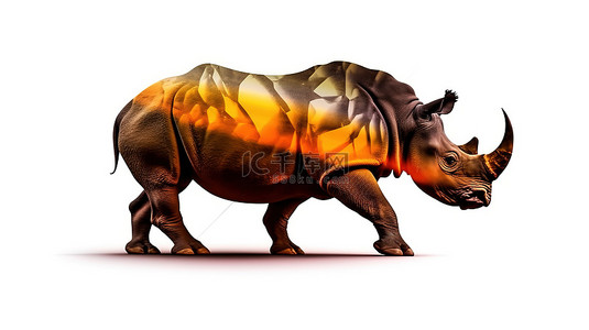 犀牛剪影背景图片_白色背景下充满活力的棕色犀牛剪影的令人惊叹的 3D 插图