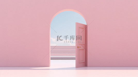 门地板背景图片_现代柔和的粉红色门设置在无限背景 3D 插图与简约的设计
