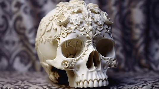 人体白色背景图片_巴洛克风格装饰白色骷髅花卉图案采用 3D 技术印刷