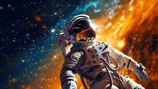 宇宙渲染背景图片_反光太空服头盔宇航员在太空探索的奇迹 3d 渲染