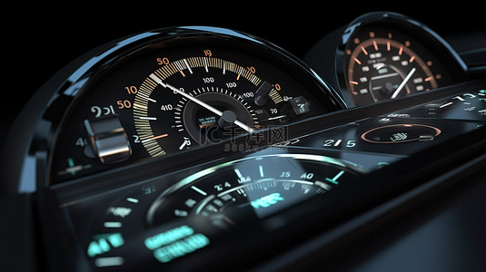 带里程表车速表和转速表的 3D 汽车面板仪表特写视图