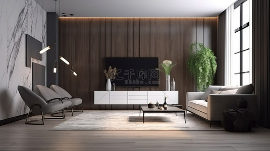 现代生活现代客厅的 3D 渲染图，配有高科技电视时尚的橱柜和舒适的扶手椅