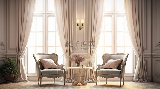 白色爆炸背景图片_传统的椅子和咖啡桌搭配优雅的灯，在宽敞的窗户内部进行数字渲染