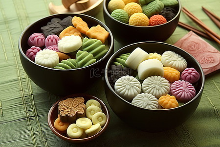 筷子背景图片_多个碗中展示了一系列亚洲咸味糖果