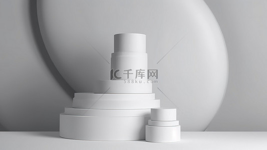 产品展示盒子背景图片_灰色背景下 3d 化妆品产品展示的简约白色讲台和几何形状