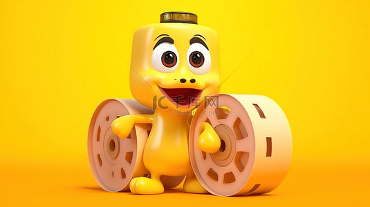 3D 渲染迷人的黄色卡通鸭吉祥物，在亮黄色背景上拿着胶片卷轴和电影磁带