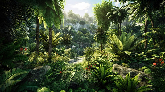 热带树叶植物背景图片_翠绿的天堂，热带丛林的辉煌 3D 渲染，充满茂密的树叶和高耸的树木
