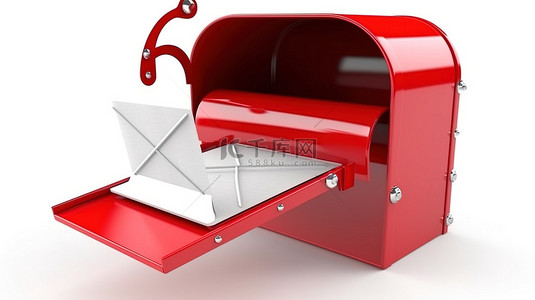 邮箱签名背景图片_白色背景的 3D 渲染，带有一个装满信件的开放红色邮箱
