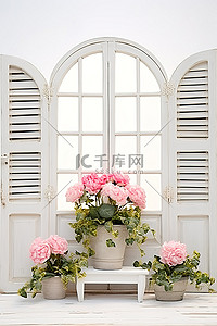 两朵花的图像，位于装饰华丽的白色百叶窗中