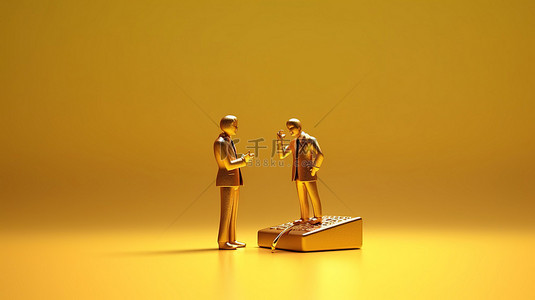 拿手机手机人物背景图片_两位身穿金色人物的商人通过电话交谈的 3D 渲染